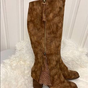 Brown faux suede knee high boots with lace detail size 9